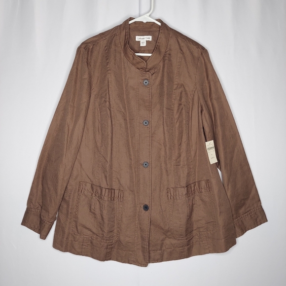 Coldwater Creek Jacket 16 Brown Linen-Blend Tailored Button Mock Collar Pocket - Picture 1 of 9